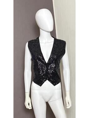 1980's Black Sequin + Bead Covered Satin Vest Razzle Dazzle Glam Waistcoat